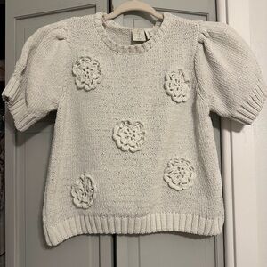 Joie White Crew Neck Sweater with Floral Accents